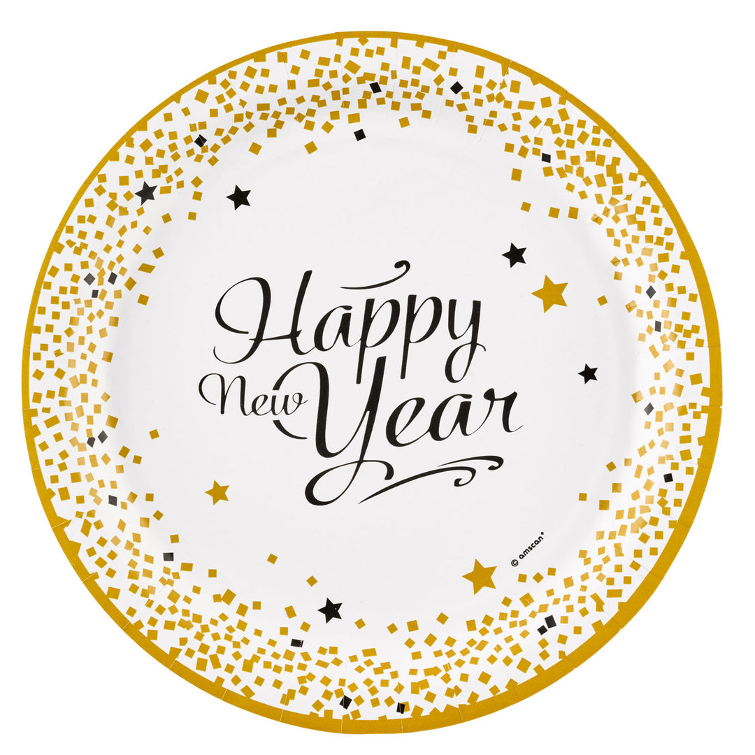 Farfurii de petrecere albe cu auriu „Happy New Year” – Set 8 bucăți, 23 cm