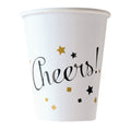 Pahare de petrecere albe cu auriu „Cheers” – Set 8 bucăți, 250 ml