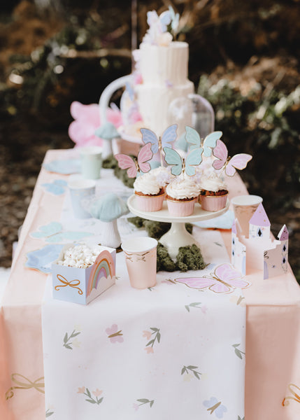 Decorative table runner with flowers and butterflies