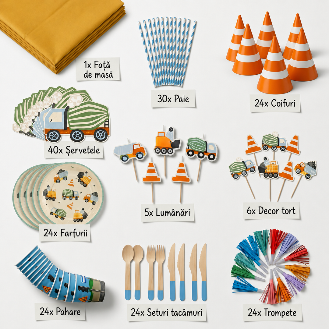 Conținut kit petrecere constructii pentru 24 copii