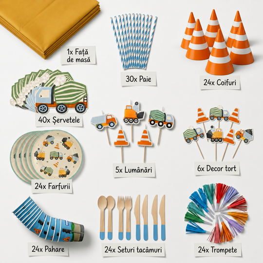 Conținut kit petrecere constructii pentru 24 copii