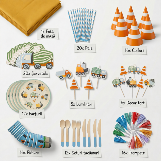 Conținut kit petrecere constructii pentru 12 copii