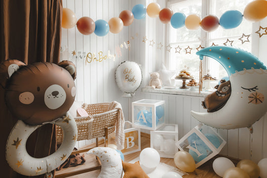 Foil balloon with teddy bear sleeping on the moon