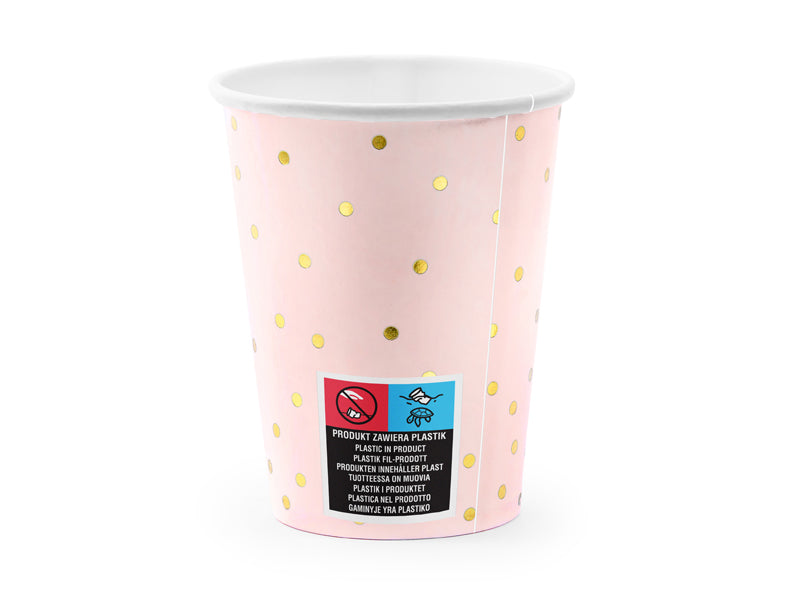 Pahare de petrecere roz cu buline aurii, 260ml, 6 bucăți