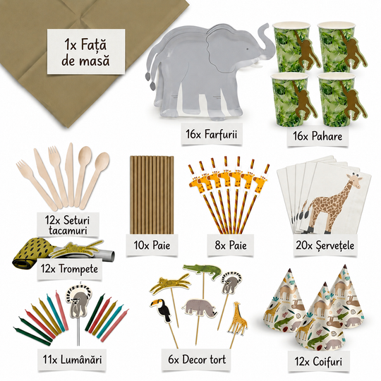Conținut kit petrecere safari pentru 12 copii
