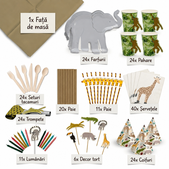 Conținut kit petrecere safari pentru 24 copii