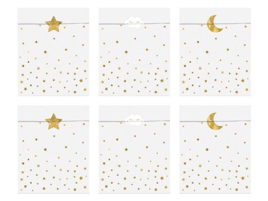 Pungute de cadou din hârtie albă cu stelute, 13x14cm, 6 bucăți