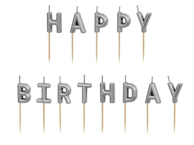 Lumânări aniversare „Happy Birthday” argintii 2.5 cm set 13 bucăți