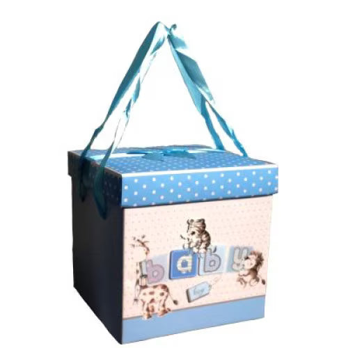 Cutie de cadou botez pentru baieti albastru cu buline albe 30x30cm